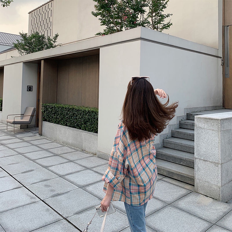 Áo khoác sơ mi mỏng dáng rộng sọc caro phong cách Hàn Quốc thời trang mùa hè dành cho bạn nữ