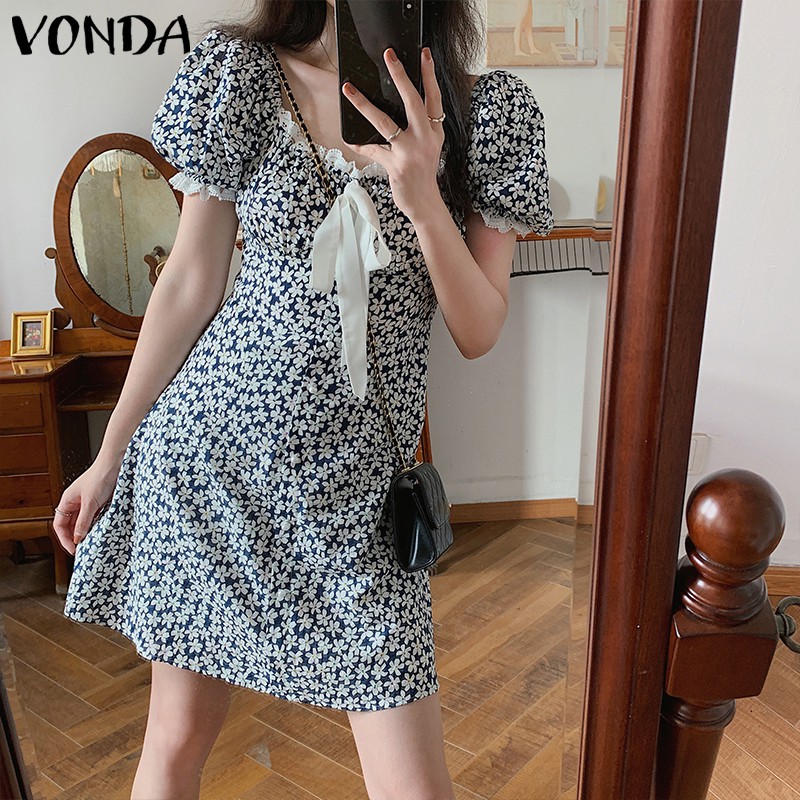 Đầm VONDA Tay Ngắn Cổ Vuông Phối Ren In Họa Tiết Hoa Xinh Xắn Thời Trang | BigBuy360 - bigbuy360.vn