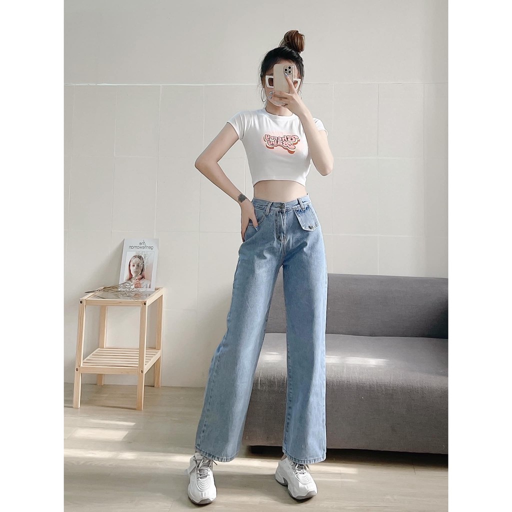 Quần jean nữ quần jean ống rộng suông TÚI NẮP 154 CHIBEST JS154
