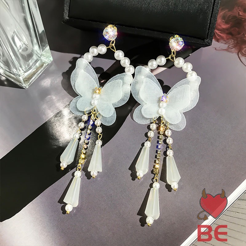 YADORNOS Khuyên tai YADORNOS dáng dài thiết kế bươm bướm đính đá nhân tạo và tua rua thời trang dành cho nữ