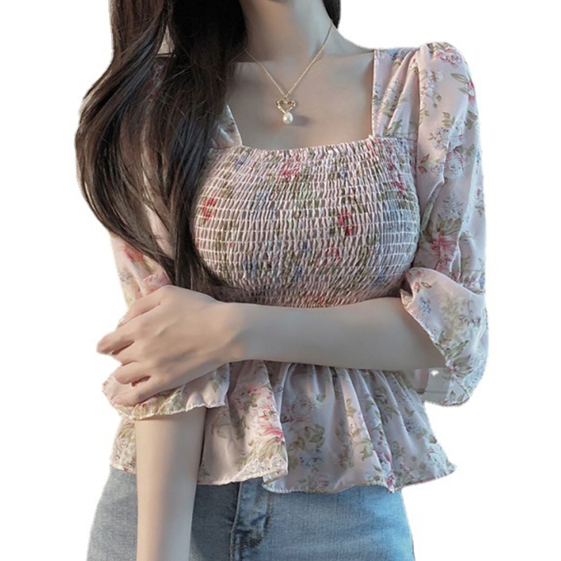 Áo Voan Hoa Tay Lửng Cổ Vuông Xinh Xắn Dành Cho Nữ