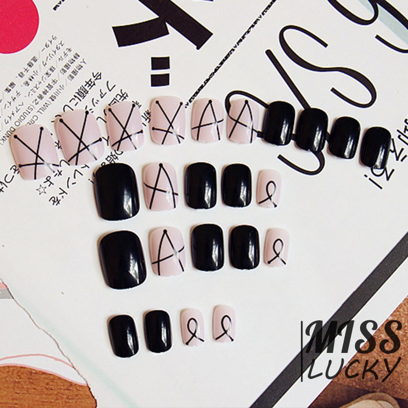 Set 24 móng tay giả màu đen họa tiết các đường chéo nhau thời trang nữ