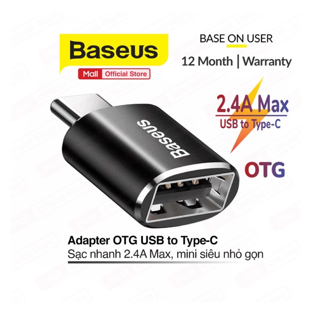 Bộ chuyển đổi OTG Baseus mini chuyển đổi từ Type-C to USB, hỗ trợ sạc nhanh 2.4A Max và truyền dữ liệu