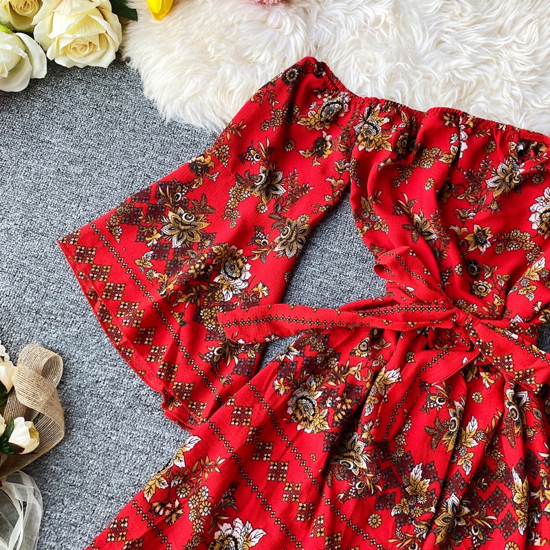 Jumpsuit, đồ bay trễ vai tay rộng họa tiết