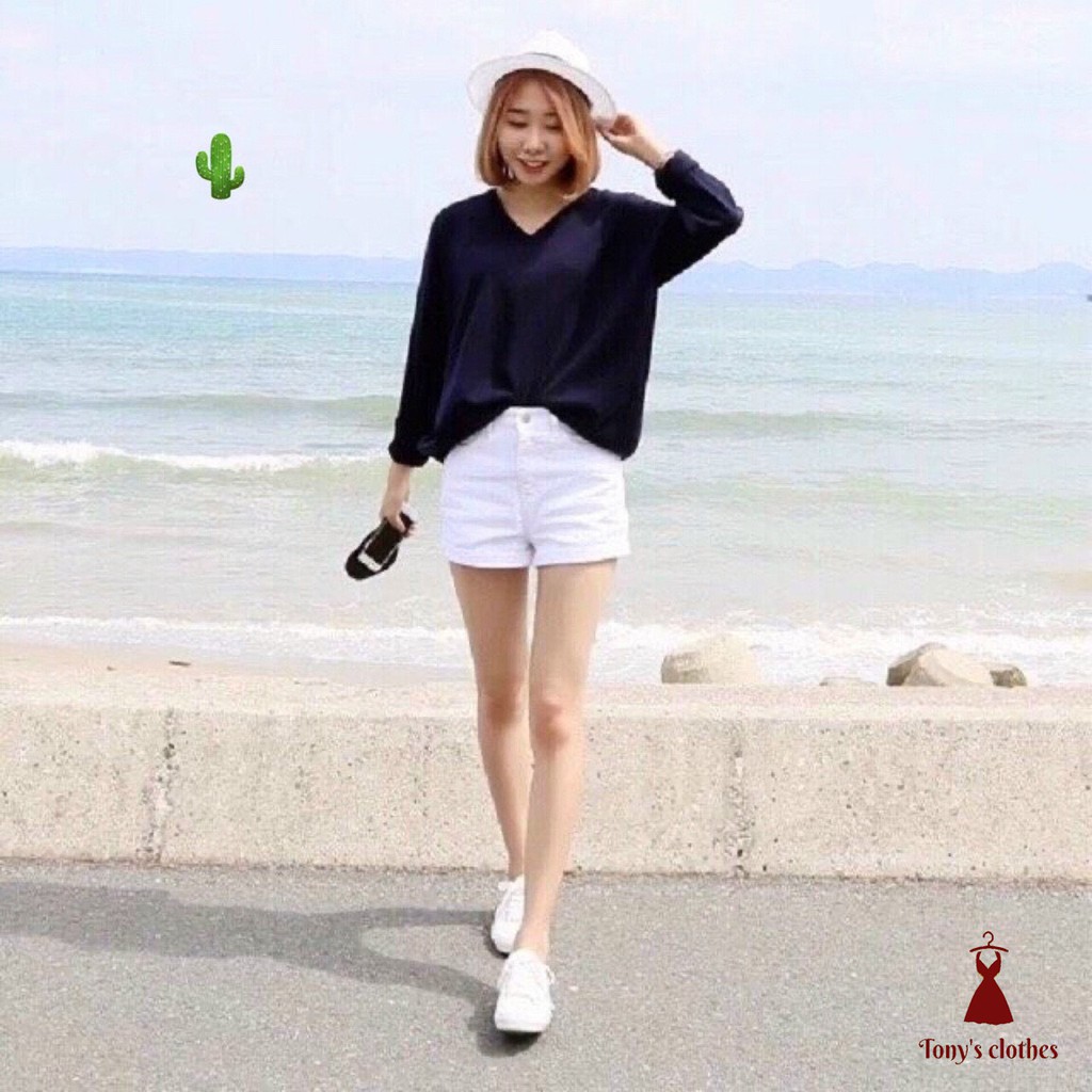 Quần short trắng đen nữ vải kaki jean co giãn lưng cao hàn quốc lật gấu cạp cao | BigBuy360 - bigbuy360.vn