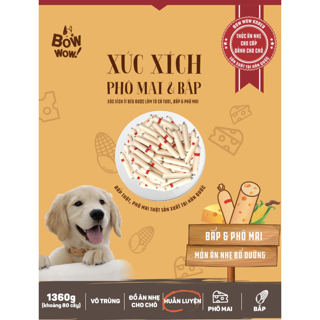 Xúc xích cho chó Bow wow 17gr phô mai bắp, thức ăn vặt dinh dưỡng cún lớn chó con Con Mèo Xiêm