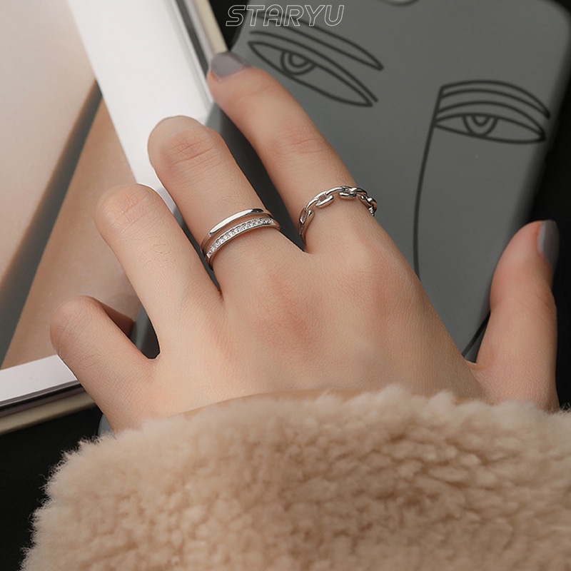 Nhẫn đeo ngón tay chuỗi xích/ hai lớp đính đá zircon nhân tạo mạ bạc 925 thời trang đơn giản dành cho nữ