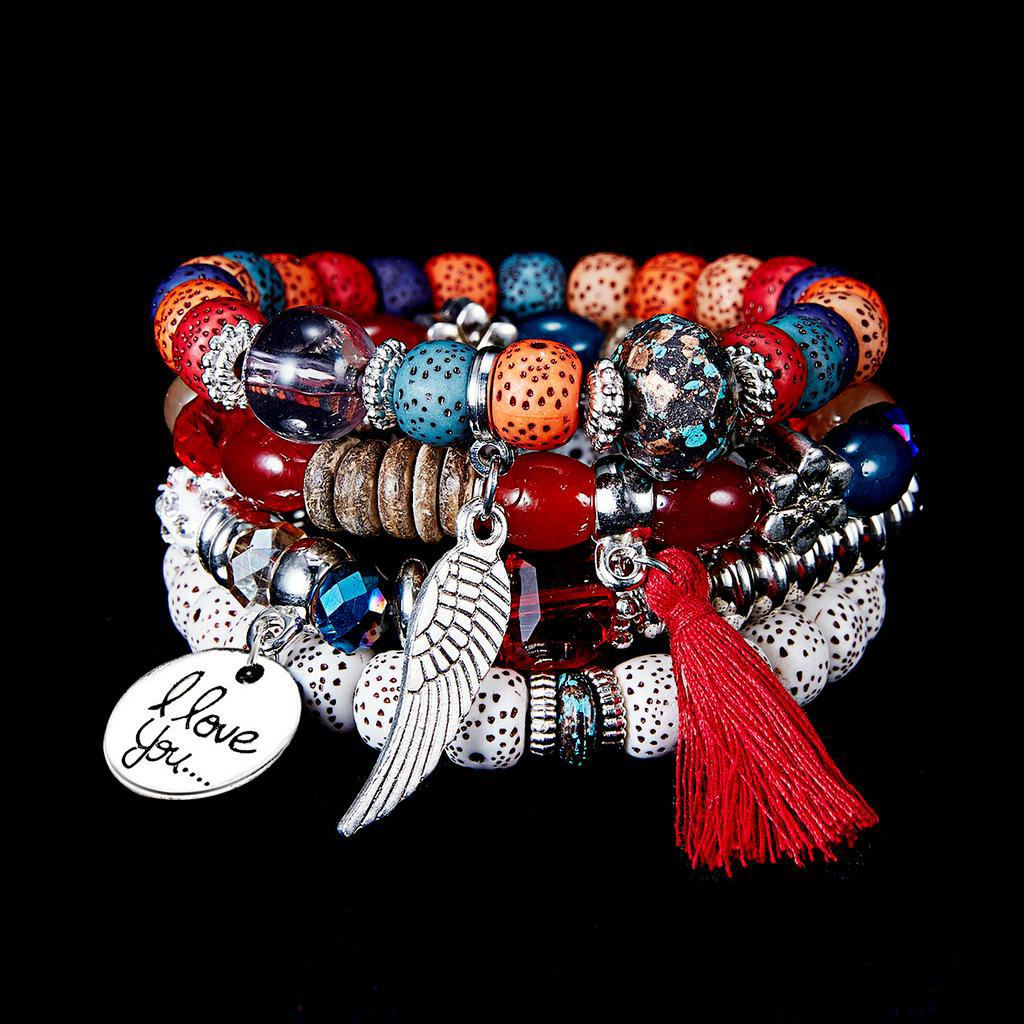 Set 4 vòng tay chuỗi hạt RINHOO FRIENDSHIP co giãn phối mặt khắc chữ I love you thời trang unisex