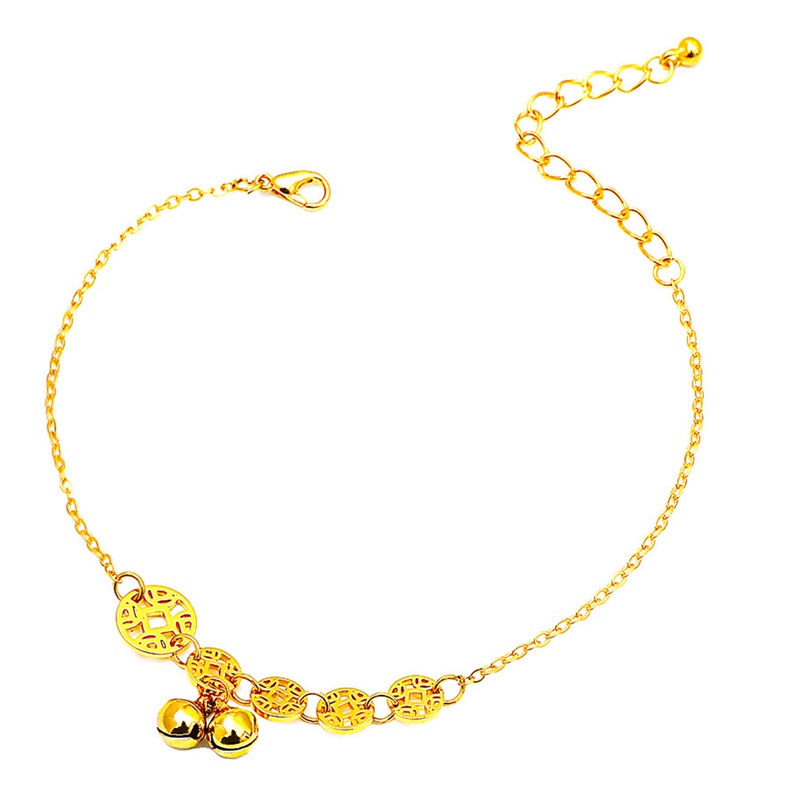 Chinese Style Copper Coin And Bead Bell Anklet For Women And Girls Gold Rose Gold Color Anklet Length 20+6cm