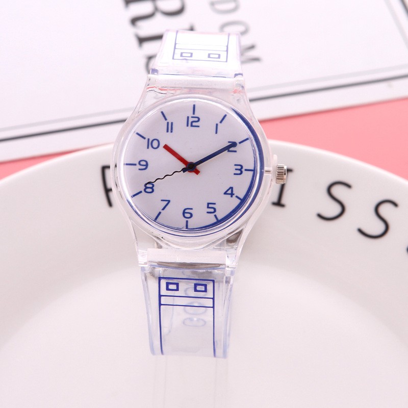 [Siêu Rẻ] Đồng hồ nữ Quartz, dây nhựa dẻo trong suốt, đồng hồ trắng mặt số tròn