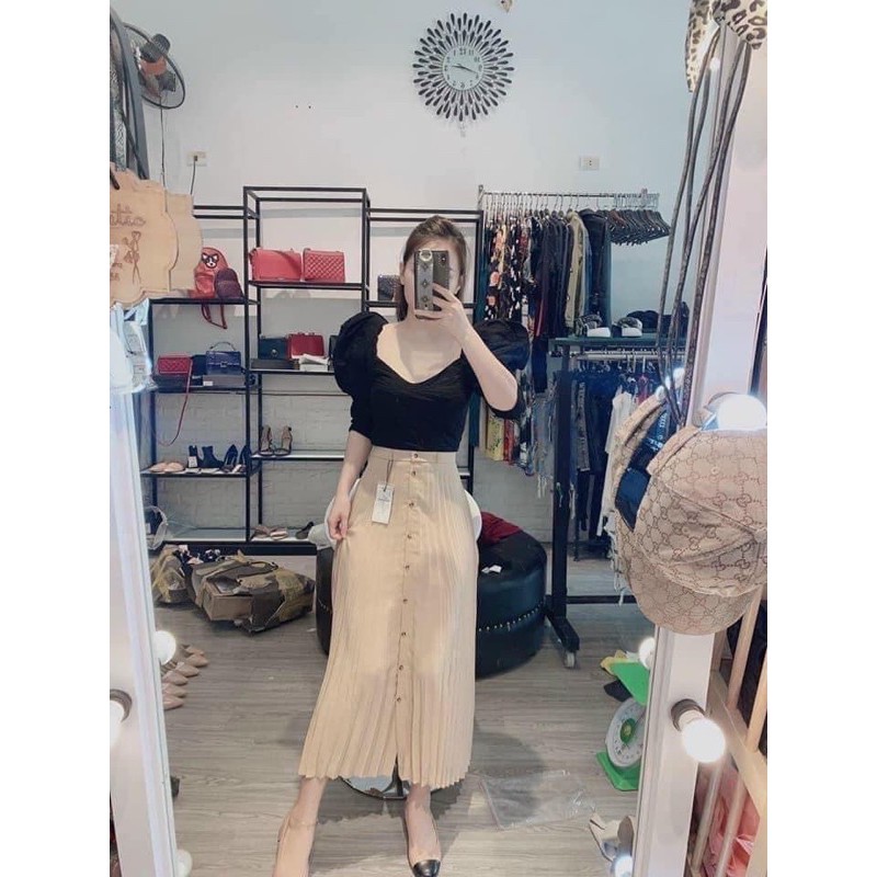 VÁY MIDI MÀU NUDE XẾP LY SIÊU ĐẸP