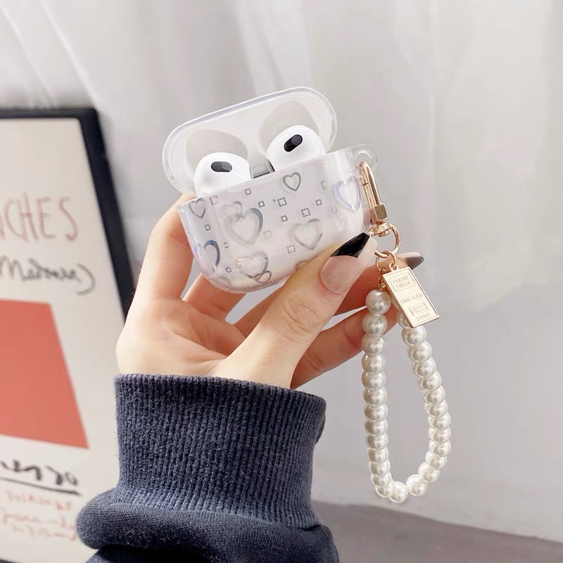Vỏ case tim đổi màu mix móc ngọc, móc gấu sang chảnh - Ốp bảo vệ, bao đựng tai nghe airpods 1 2 3 PRO