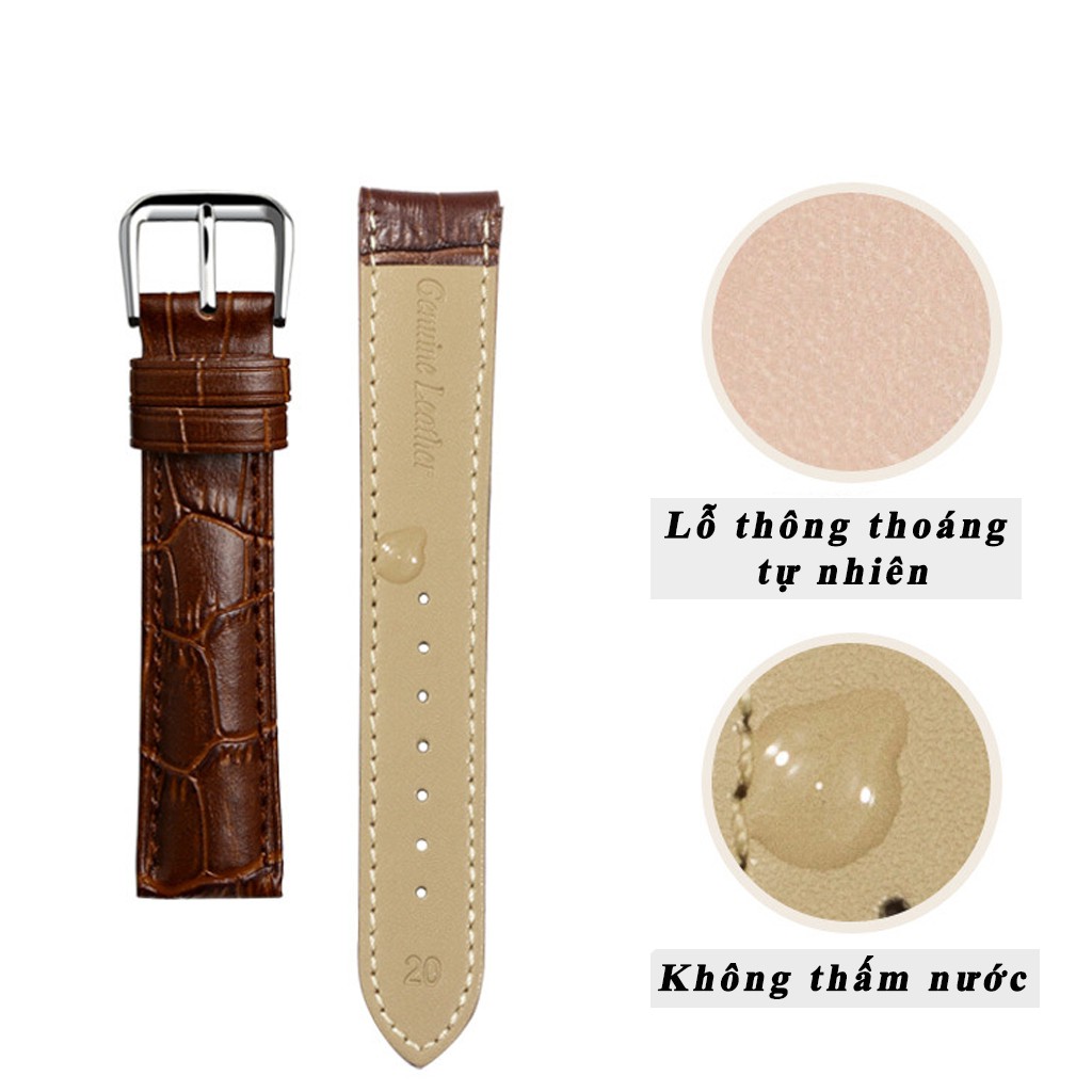 Dây đồng hồ vân DA BÒ tặng kèm dụng cụ mở chốt size 18mm 19mm 20mm 21mm 22mm CỰC MỀM, không thấm mồ hôi -LX05