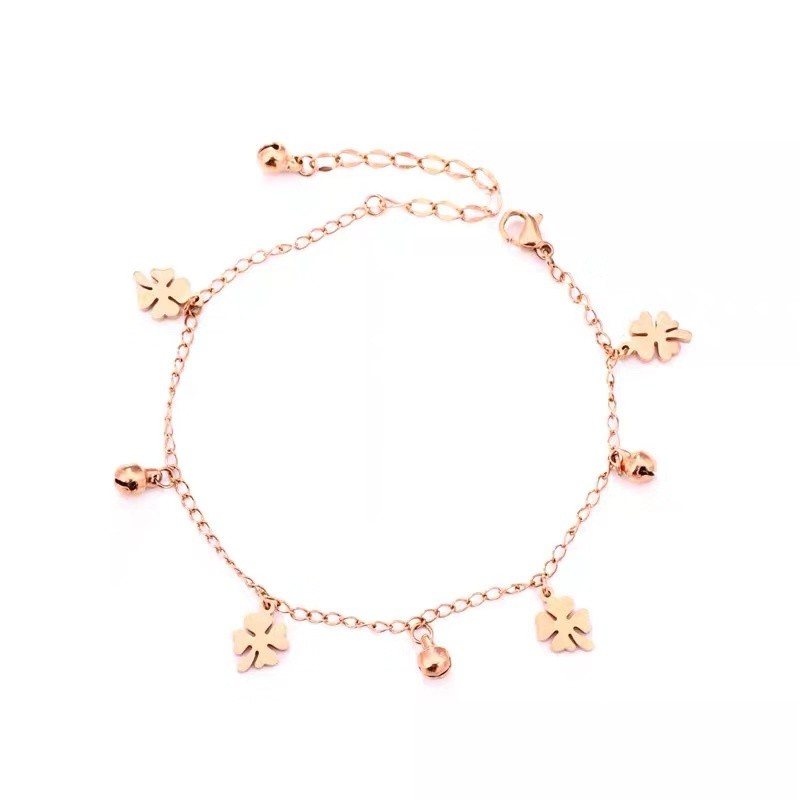 Lắc chân bằng thép titan mạ vàng hồng 18K/vàng/bạch kim mặt hình cỏ bốn lá dễ thương chống nước chống gỉ cho nữ