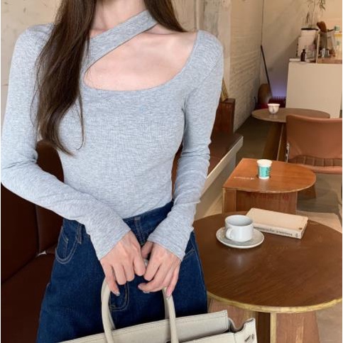 Áo thun nữ tay dài cổ chữ U dáng ôm gợi cảm thời trang