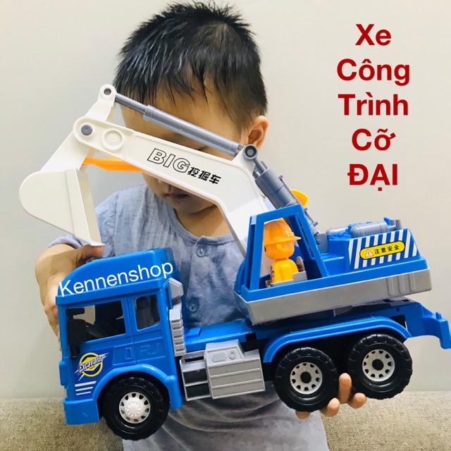 Mô hình máy xúc, trộn bê tông, cẩu bánh đà khoẻ kèm đèn nhạc