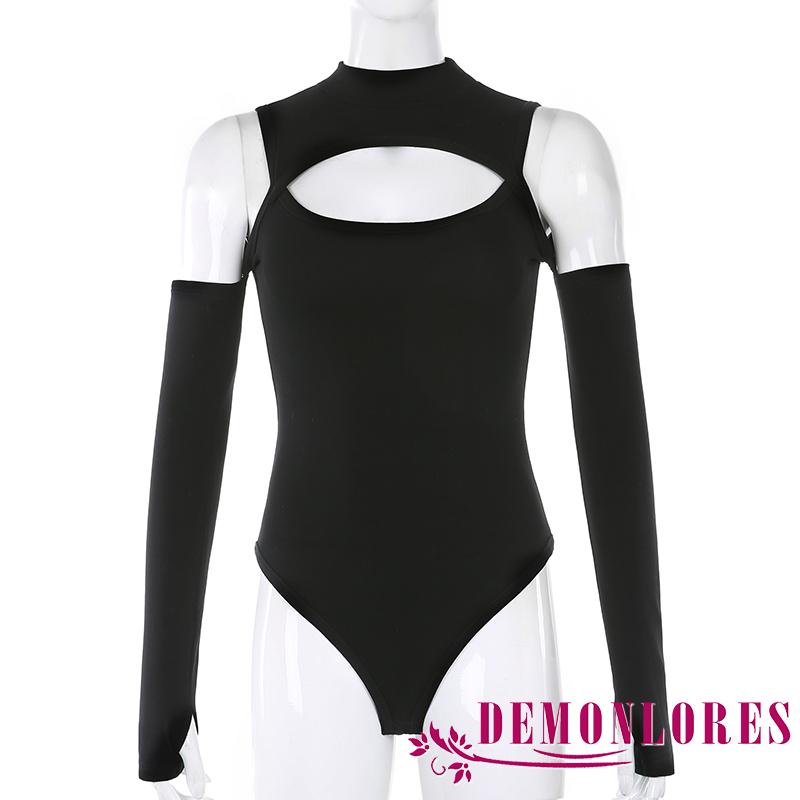 Áo Liền Quần Cổ Cao Nửa Vai Tay Dài Màu Trơn Khoét Lỗ Thời Trang Cho Nữ