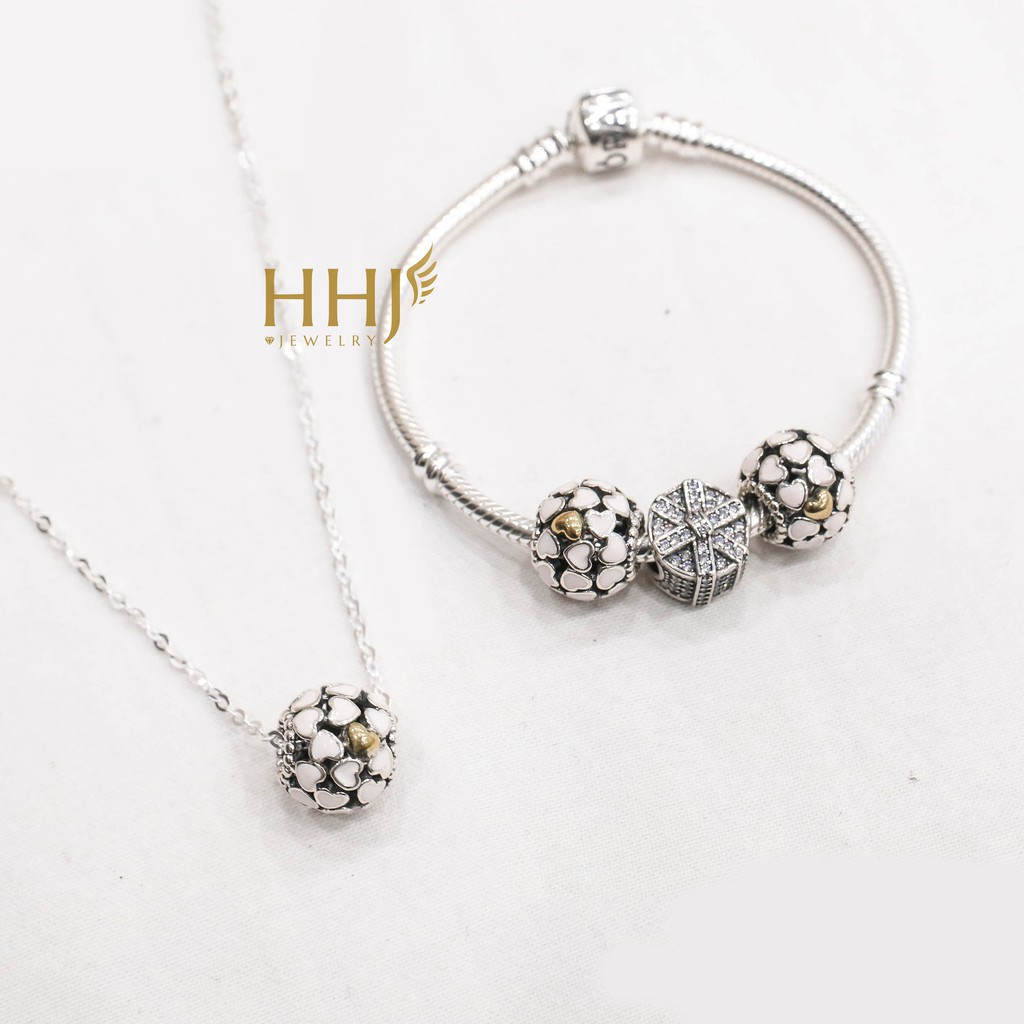 Vòng tay set 3 charm trắng hồng vàng quả cầu họa tiết hộp quà nơ đính đá - HHJ - Bạc S95