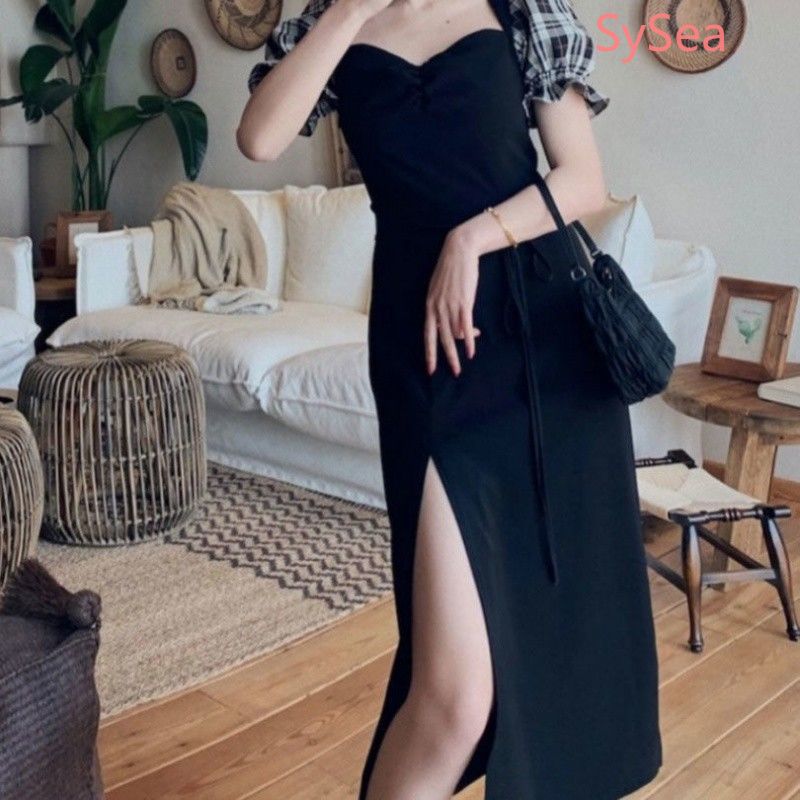 Đầm Tay Ngắn Họa Tiết Sọc Caro Thiết Kế Xẻ Tà Phong Cách Retro