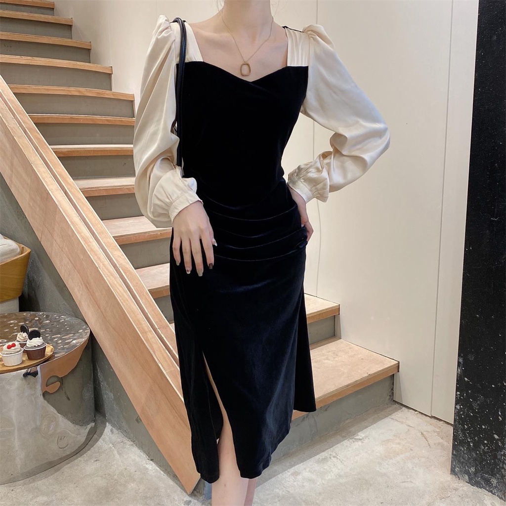 ZHELIHANGFEI Váy xẻ tà tay bong bóng eo hiển thị nhiệt độ giảm béo thời trang gợi cảm