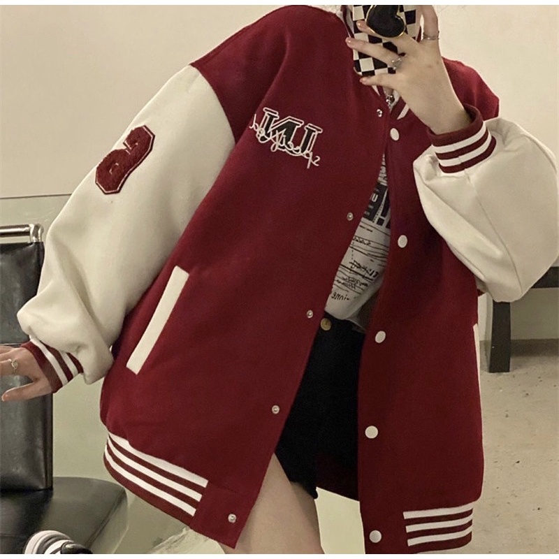 Áo bomber chất dạ chữ thêu màu đỏ đô, màu nâu form rộng unisex