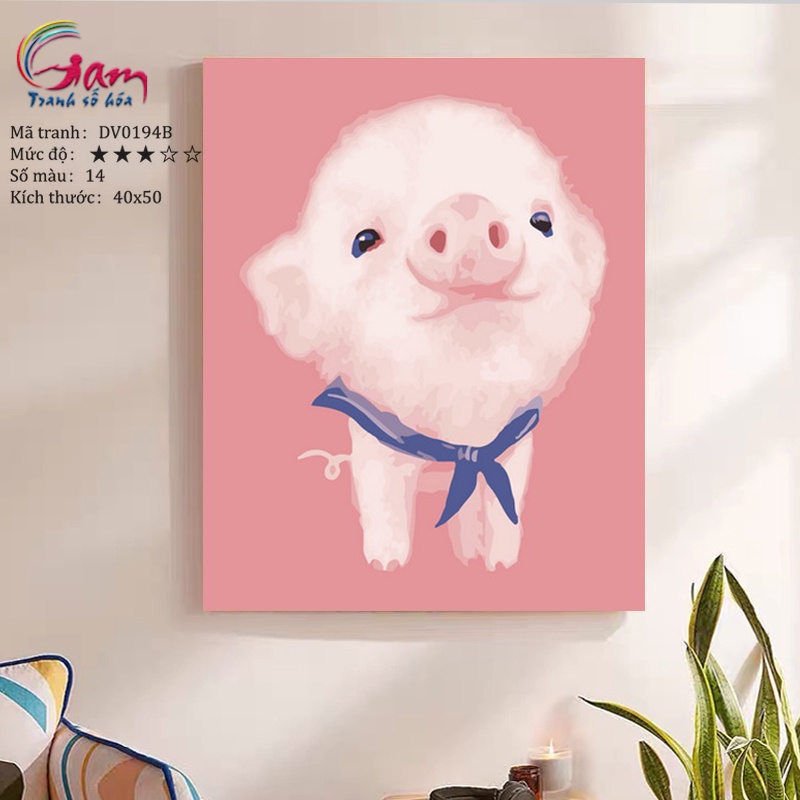 Tranh tô màu số hóa Gam heo hồng cute có sẵn đã căng khung 40x50cm DV0194B