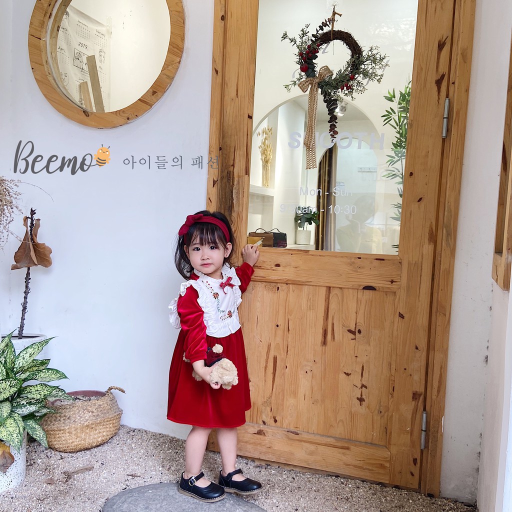 [NOEN TẾT] Váy nhung đỏ cổ thêu hoa cực sang chảnh cho bé gái mặc Noel Tết hàng thiết kế siêu xinh