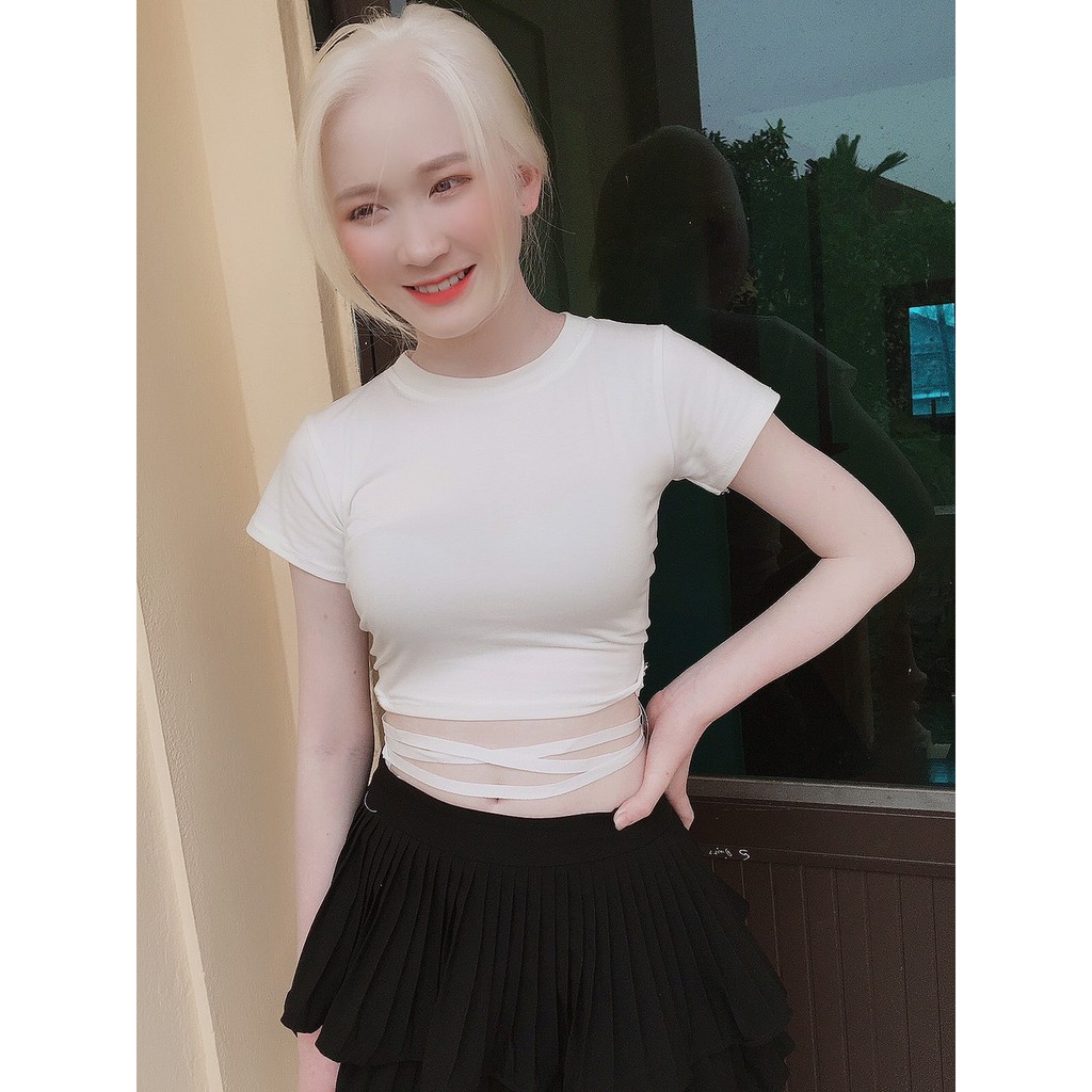 [ Mã WASTAPR giảm 10K đơn 50K] Áo crotop ngắn tay cổ tròn đan dây bụng shynstores | BigBuy360 - bigbuy360.vn