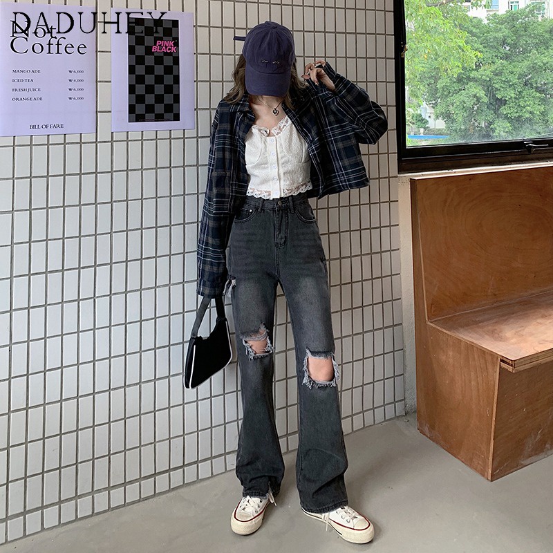 Quần jean nữ Daduhey dáng ôm vừa ống suông cạp cao retro thiết kế rách độc đáo dễ phối đồ thời trang mới mùa hè