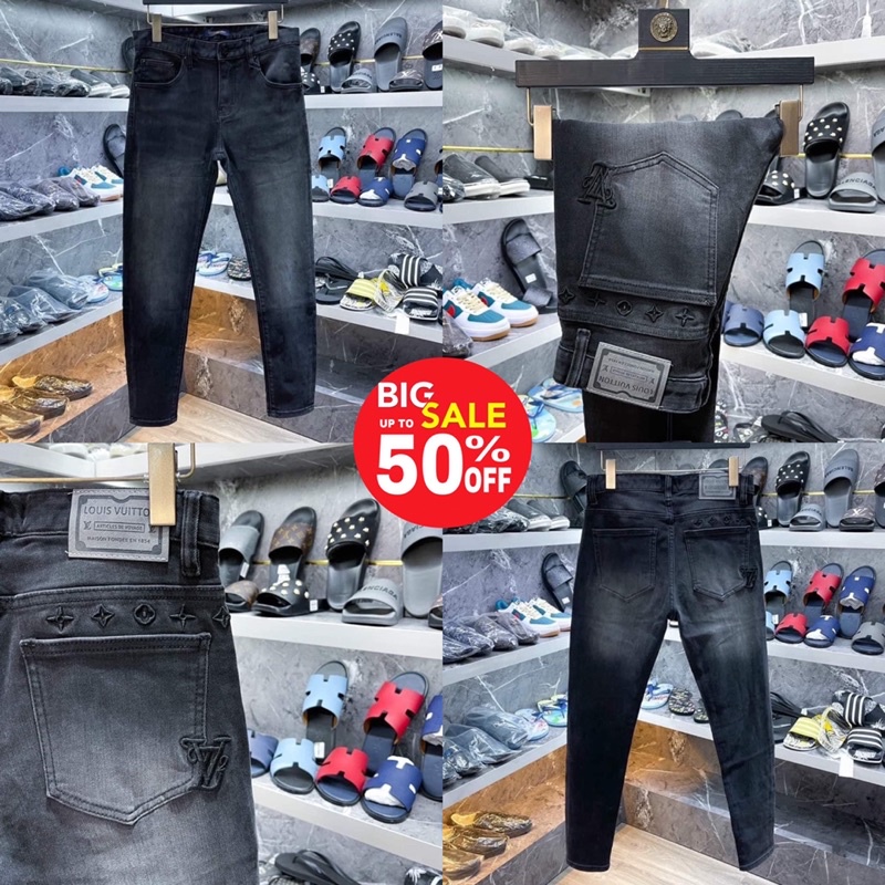 Quần jean đen trơn L.V nam đen bạc,Quần bò hoạ tiết thêu L.V wash màu khói bạc