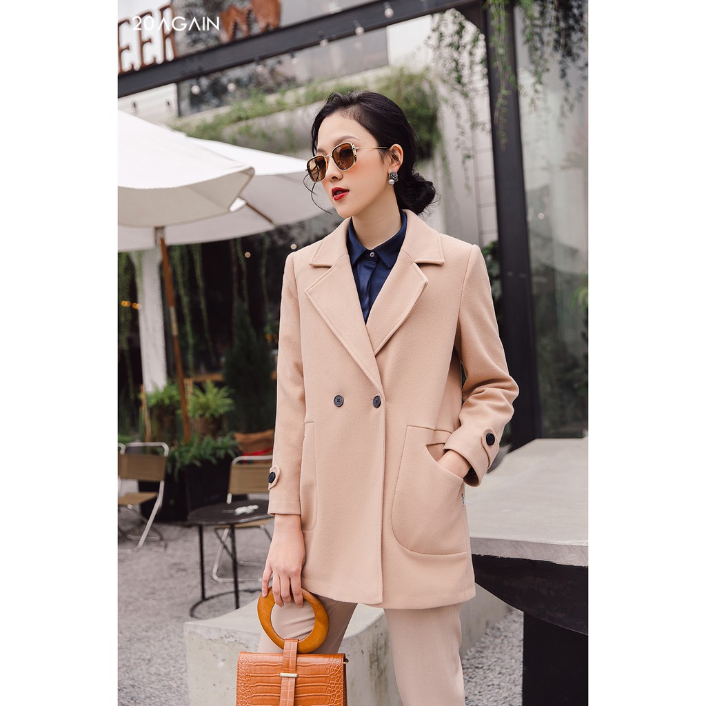 Áo khoác dạ cúc bấm 20AGAIN, dáng dài, cổ vest, dạ lì KDA1502 | BigBuy360 - bigbuy360.vn