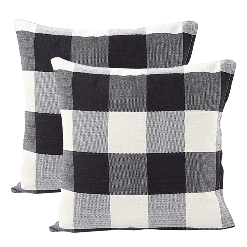 Black White Retro Checkers Plaids Cotton Linen Square Throw Pillow Cover 2 with Handmade Woven Wicker Flower Basket