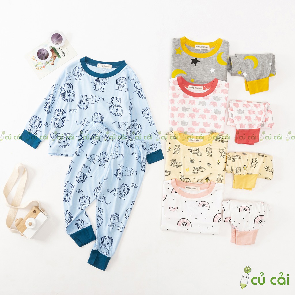 Bộ dài tay cho bé trai, bé gái vải thun lạnh Minky mom viền cổ họa tiết động vật