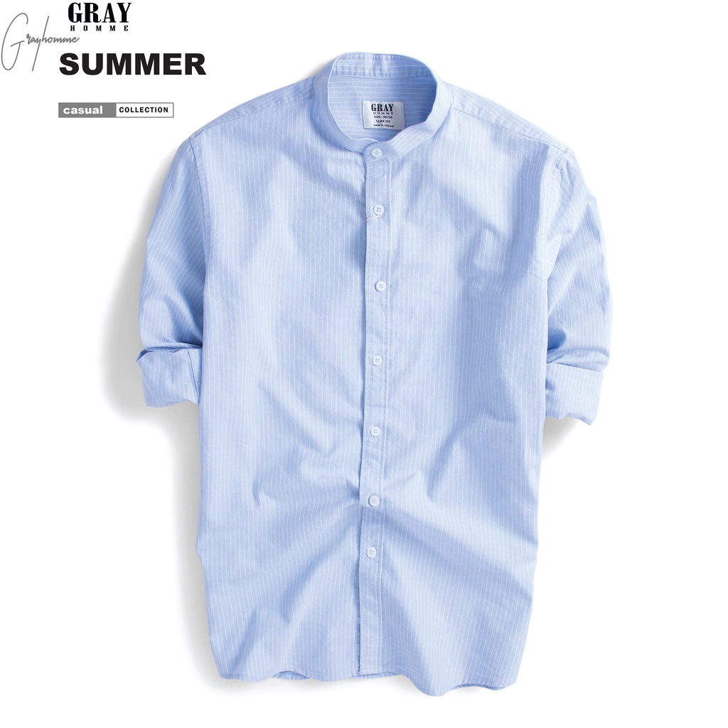 Áo Sơ Mi Nam Dài Tay Cổ Tàu GRAYHOMME linen kẻ sọc cá tính chất vải đũi thoáng mát