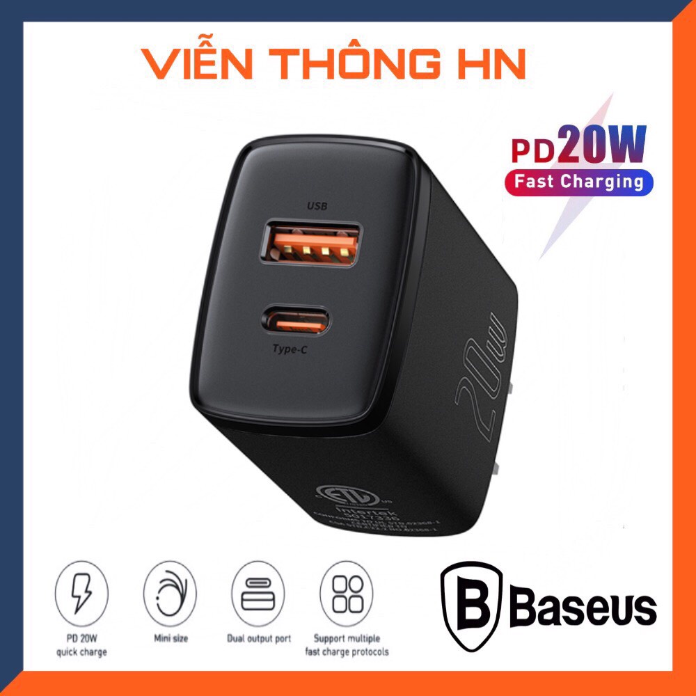 Củ sạc nhanh pd 20w qc3.0 2 cổng sạc type c và usb Baseus- cốc sạc nhanh cao cấp chống cháy nổ - vienthonghn