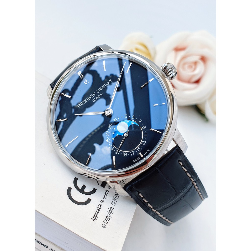 Đồng hồ nam chính hãng Frederique Constant Slimline Automatic Moonphase Blue - Máy cơ tự động - Kính Sapphire