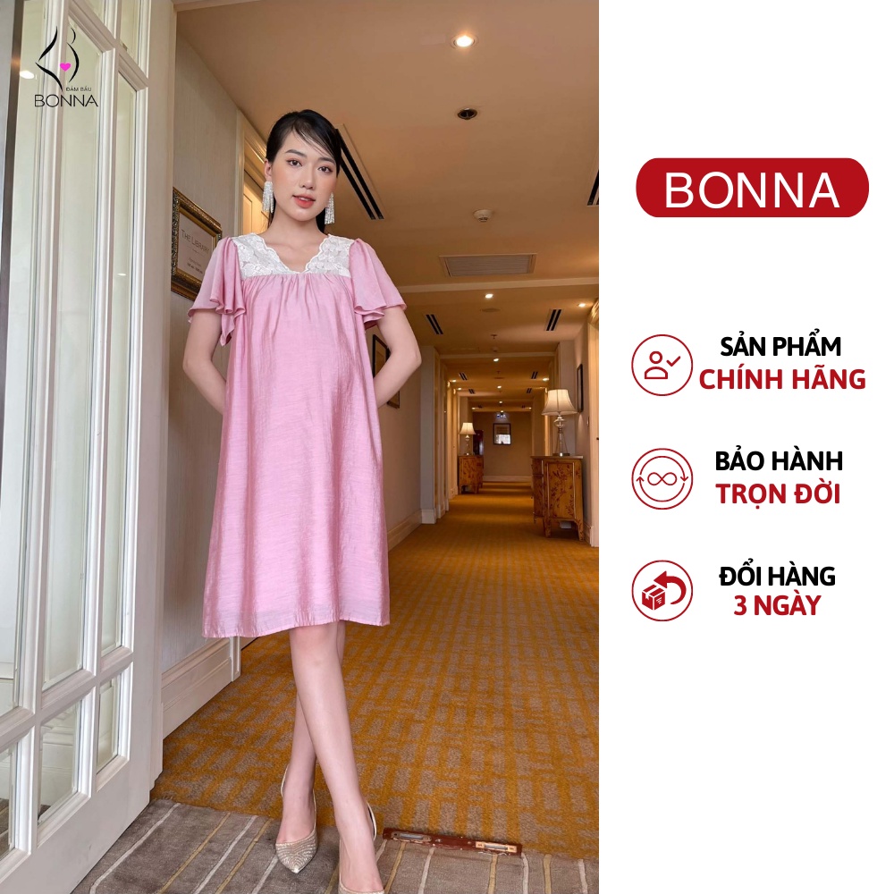 Váy bầu mùa hè BONNA chất vải đũi phối cổ ren cao cấp, dáng suông rộng rãi, dễ chịu, mặc bầu và sau sinh thoải mái VS166