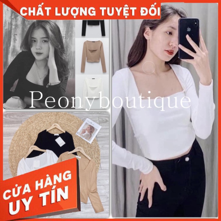Áo Croptop Len ZIP Cổ Vuông Nữ 🌸 Thun tăm dài tay, phông trơn body dáng suông ôm màu ĐEN | TRẮNG | NUDE Ulzzang HOT 🌸