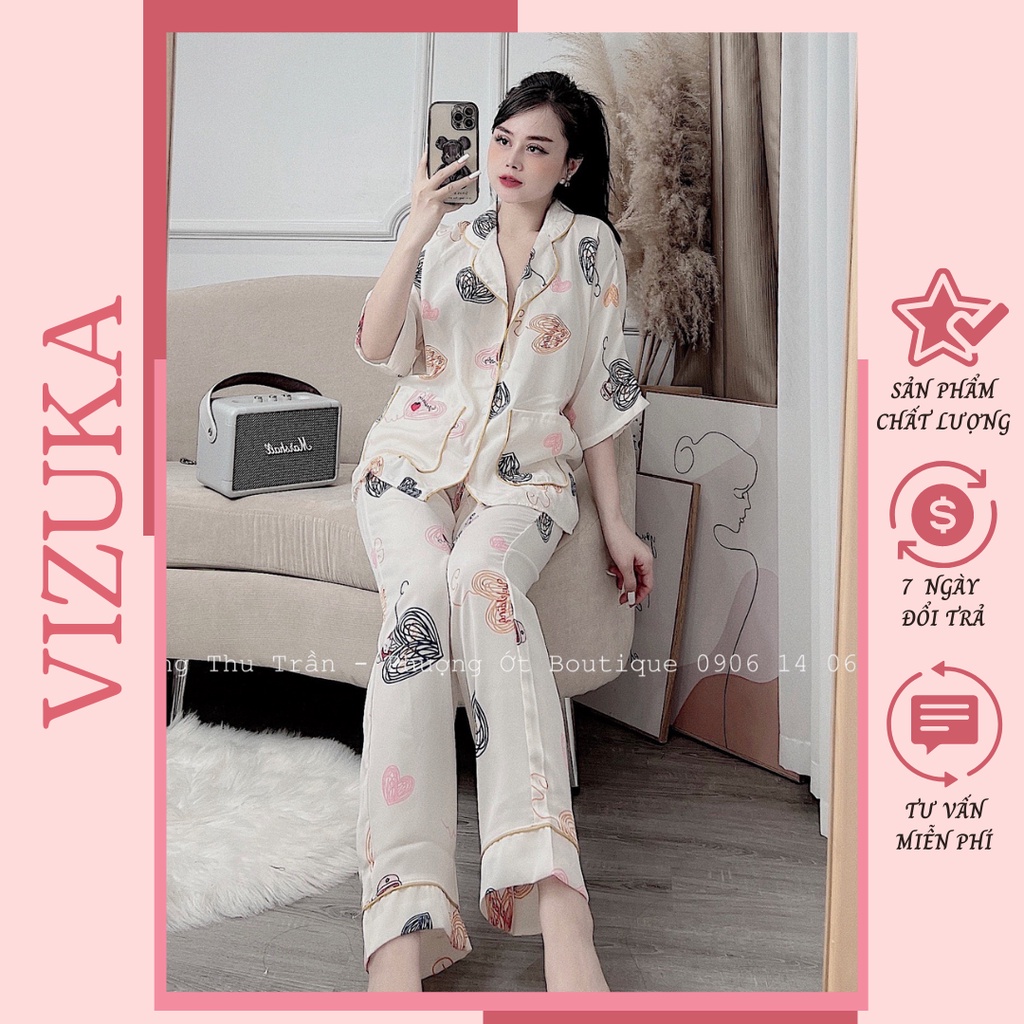 Đồ bộ nữ mặc nhà dễ thương tay ngắn quần dài pijama lụa VIZUKA