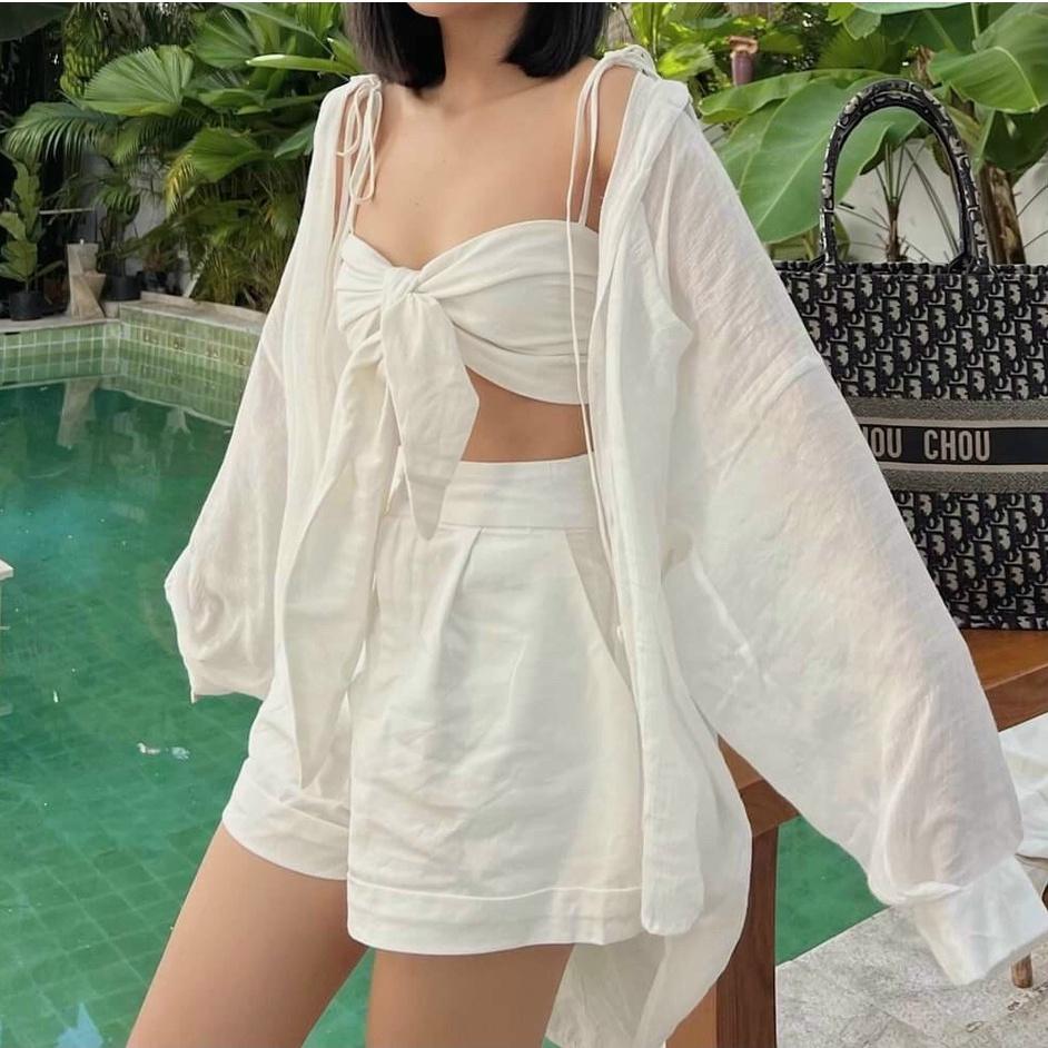 Set 3 món ÁO KHOÁC+ÁO TRONG CỘT NƠ (MÚT NGUC)+QUẦN ĐÙI đi biển SIÊU XINH,hàng chuẩn shop_set3mau