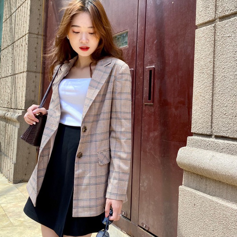 Áo khoác blazer kẻ nữ, Chân váy chữ A, Blazer 2 lớp hàng cao cấp Hachidesigns | BigBuy360 - bigbuy360.vn