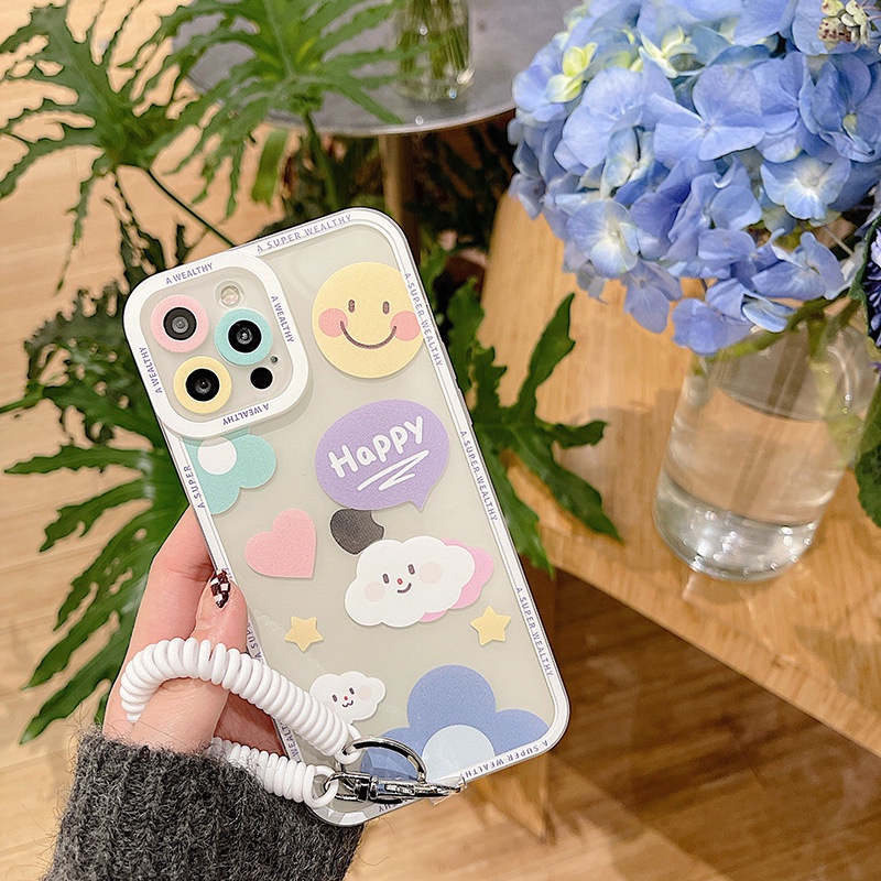 𝐂𝐨́ 𝐬𝐚̆̃𝐧 𝐜𝐡𝐨 𝐢𝐏𝐡𝐨𝐧𝐞 𝟏𝟑 Ốp mây Happy cute cạnh vuông chắc tay, không kèm móc lò xo
