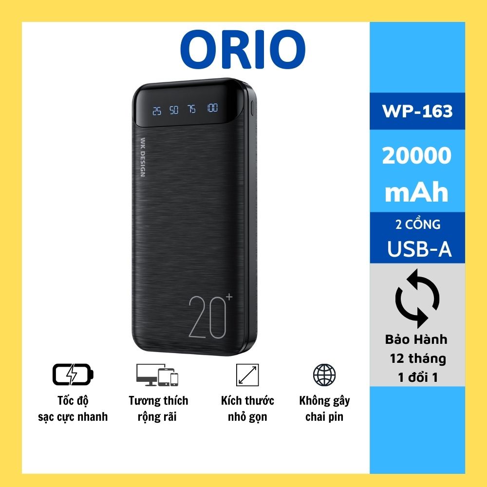 Pin sạc dự phòng 20000mAh WK WB-163 cổng USB kép tích hợp màn hình điện tử - Orio