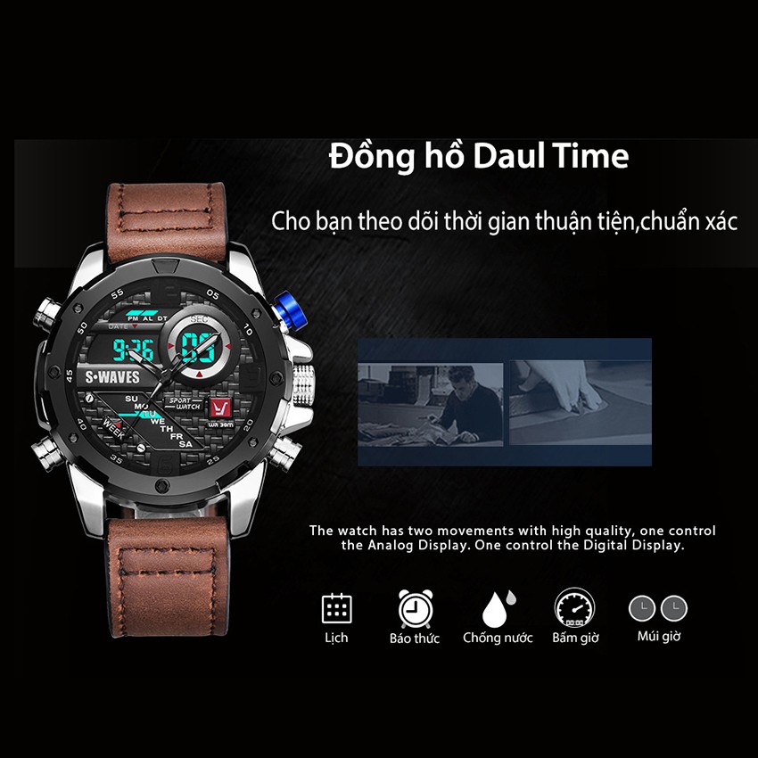 Đồng Hồ Nam Swave Thể Thao Nam Tính, Hiển Thị 2 Mặt Kim Điện Tử Song Song, Dây Da Mặt Kính Sapphire Cao Cấp | BigBuy360 - bigbuy360.vn