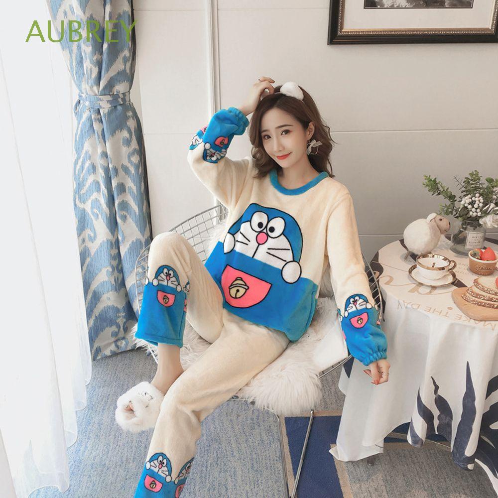 Bộ đồ ngủ lông cừu san hô dáng rộng họa tiết hoạt hình Doremon minions thời trang thu đông cho nữ