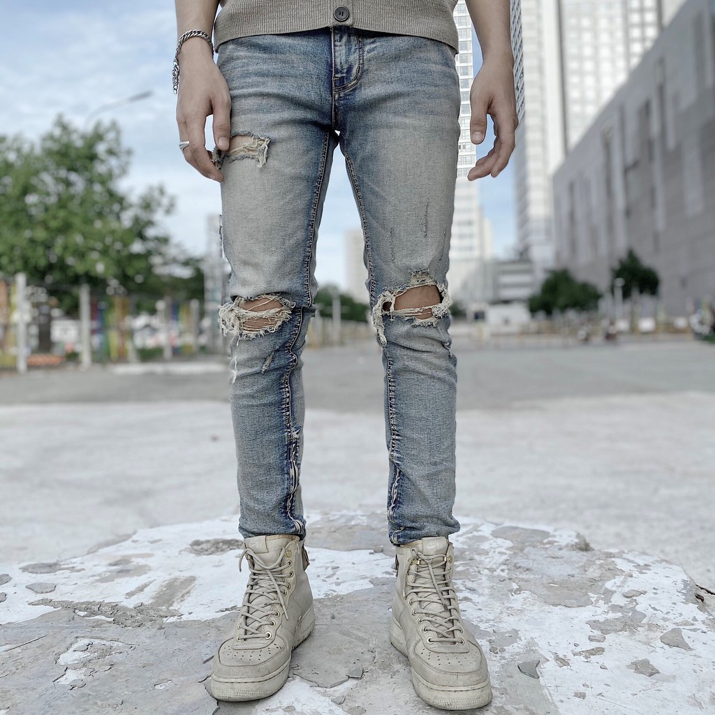 Quần jean nam streetwear cao cấp FNOS Z8 màu xanh rách gối form slimfit có zip jean co giãn