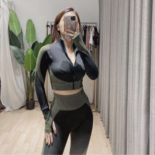 Đồ tập gym , bộ đồ tập thể thao nữ dài tay cổ kéo khoá xanh phối đen