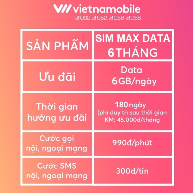 [FREE 6 Tháng] Sim Data 4G 6GB/Ngày - 180GB/Tháng. Hàng Độc Quyền VIETNAMOBILE - SIMTHE.VN