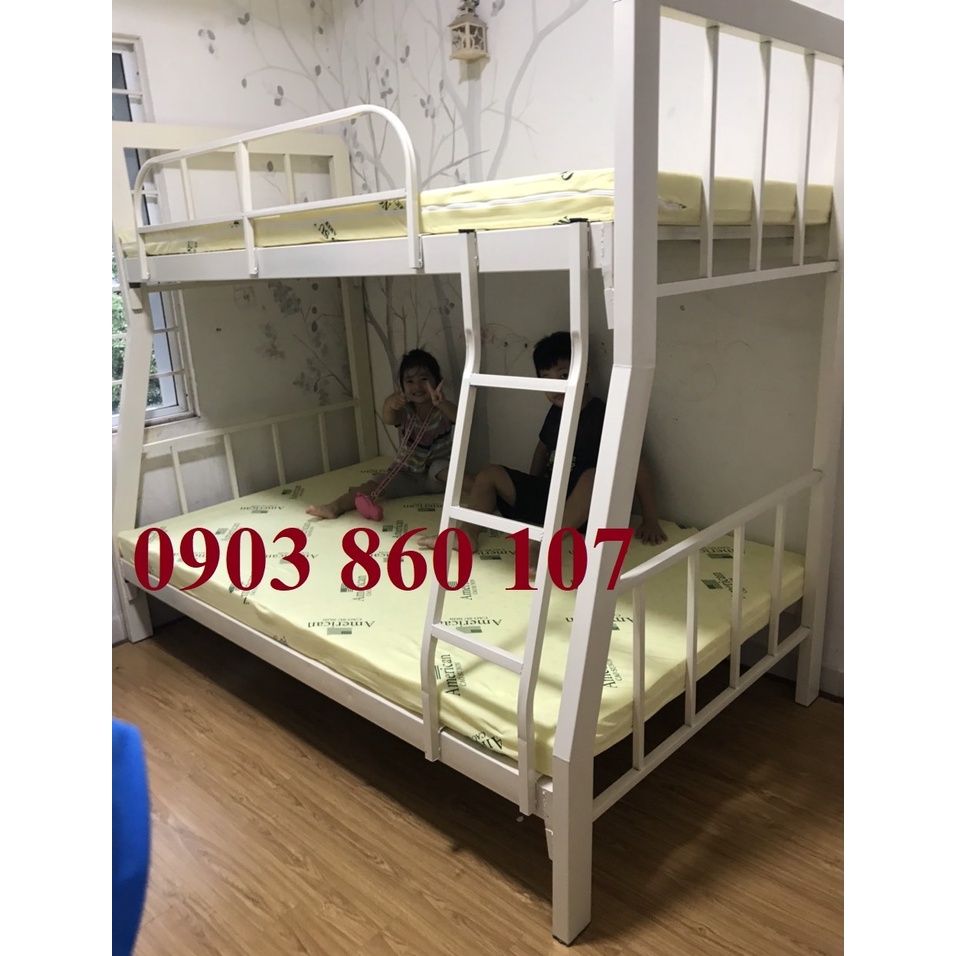Giường tầng sắt hộp vuông gia đình trẻ em màu kem sơn dày tĩnh điện cao cấp đủ kích thước freeship HCM