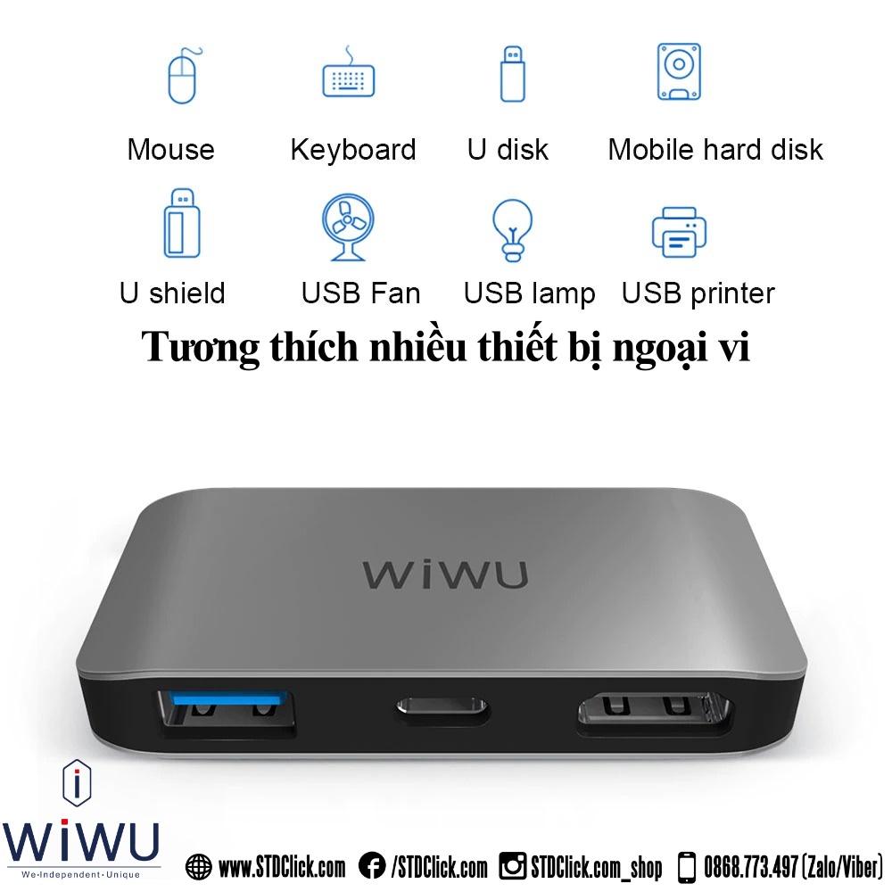 HUB CHUYỂN TYPE C WIWU Alpha C2H CHÍNH HÃNG 3 IN 1 TYPE C TO USB 3.0 + TYPE C PD 100W + HDMI 4K